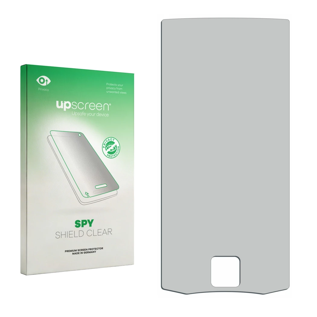 Parte frontal de un envase de producto con el logotipo de la marca upscreen. Al lado está el protector de pantalla correspondi