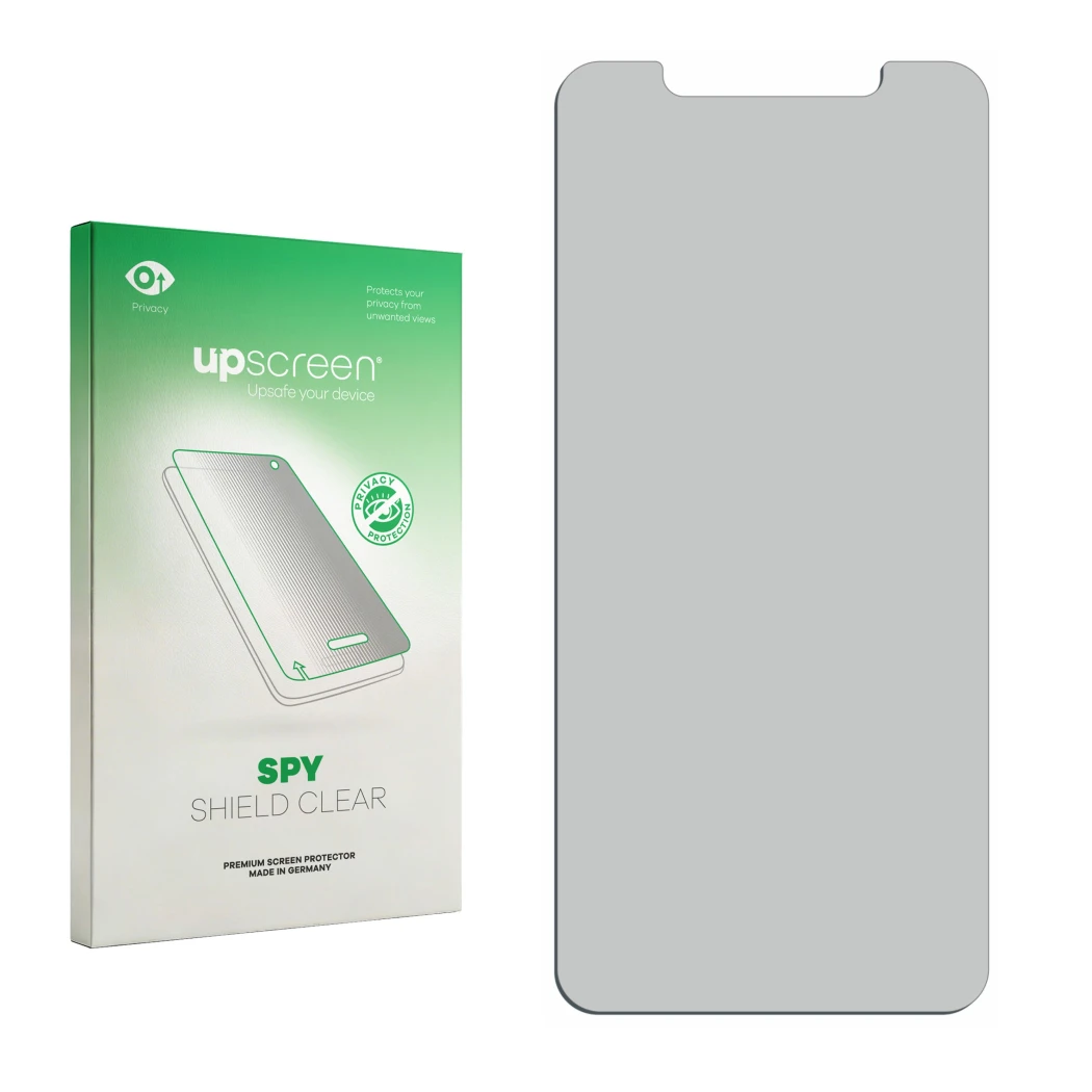 Parte frontal de un envase de producto con el logotipo de la marca upscreen. Al lado está el protector de pantalla correspondi