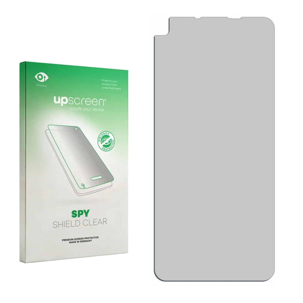 Parte frontal de un envase de producto con el logotipo de la marca upscreen. Al lado está el protector de pantalla correspondi