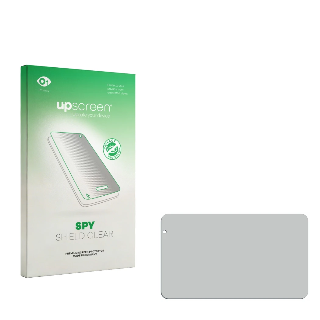 Parte frontal de un envase de producto con el logotipo de la marca upscreen. Al lado está el protector de pantalla correspondi