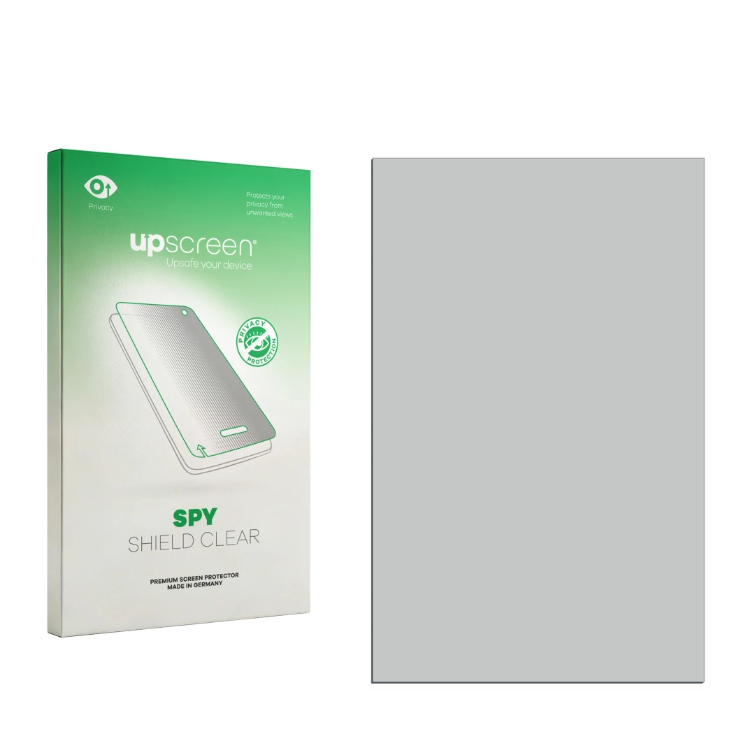 Parte frontal de un envase de producto con el logotipo de la marca upscreen. Al lado está el protector de pantalla correspondi