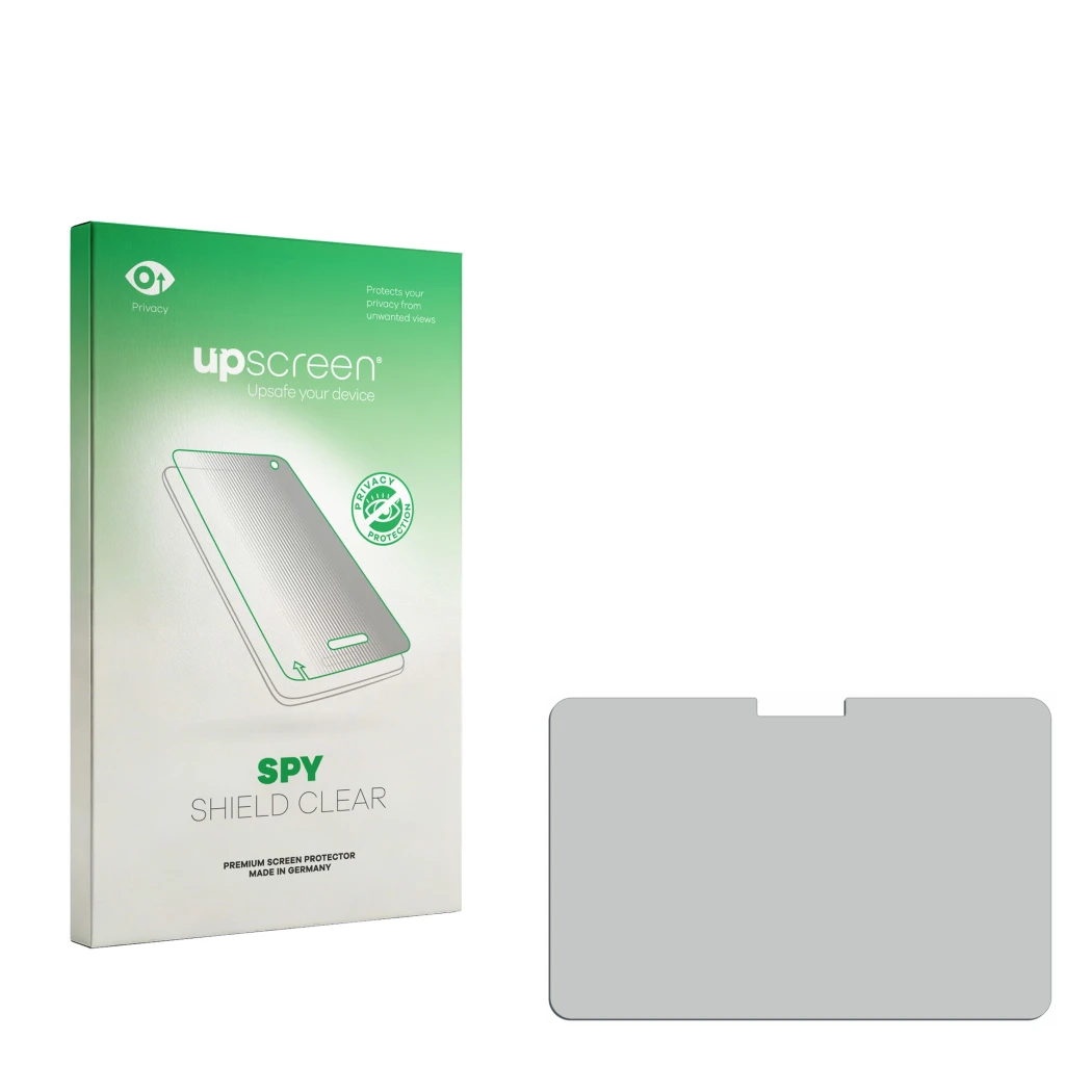 Parte frontal de un envase de producto con el logotipo de la marca upscreen. Al lado está el protector de pantalla correspondi