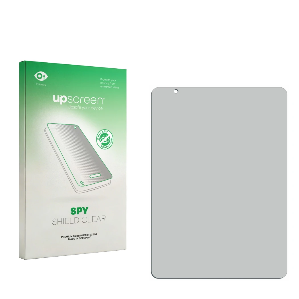 Parte frontal de un envase de producto con el logotipo de la marca upscreen. Al lado está el protector de pantalla correspondi