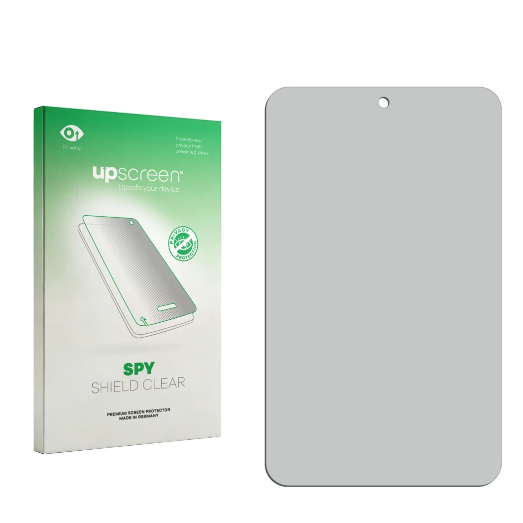Parte frontal de un envase de producto con el logotipo de la marca upscreen. Al lado está el protector de pantalla correspondi