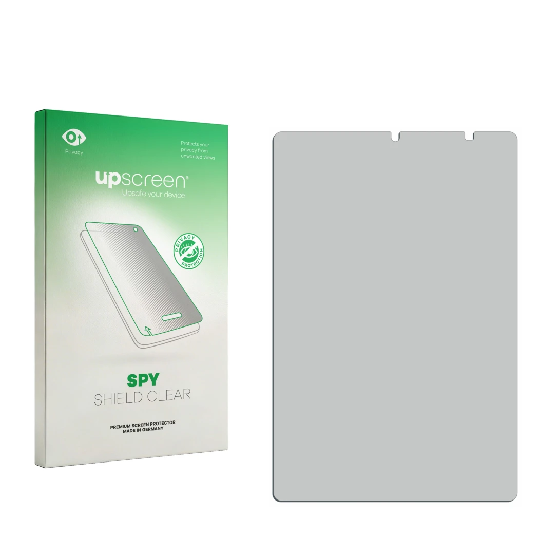 Parte frontal de un envase de producto con el logotipo de la marca upscreen. Al lado está el protector de pantalla correspondi