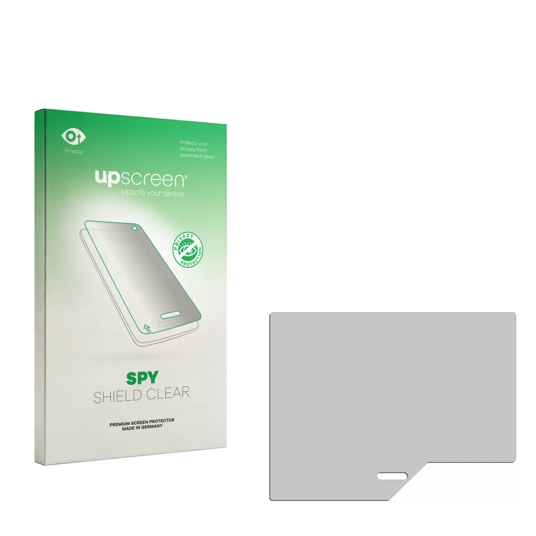 Parte frontal de un envase de producto con el logotipo de la marca upscreen. Al lado está el protector de pantalla correspondi