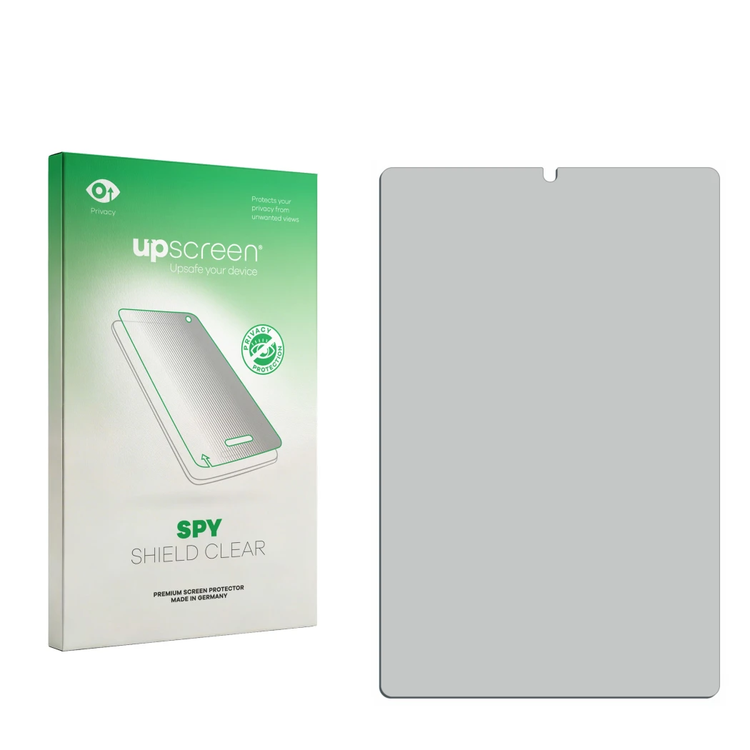 Parte frontal de un envase de producto con el logotipo de la marca upscreen. Al lado está el protector de pantalla correspondi