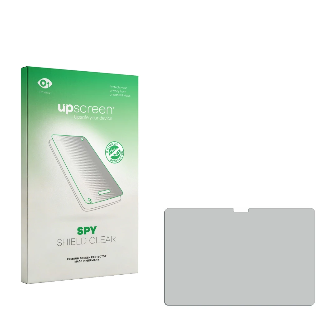 Parte frontal de un envase de producto con el logotipo de la marca upscreen. Al lado está el protector de pantalla correspondi