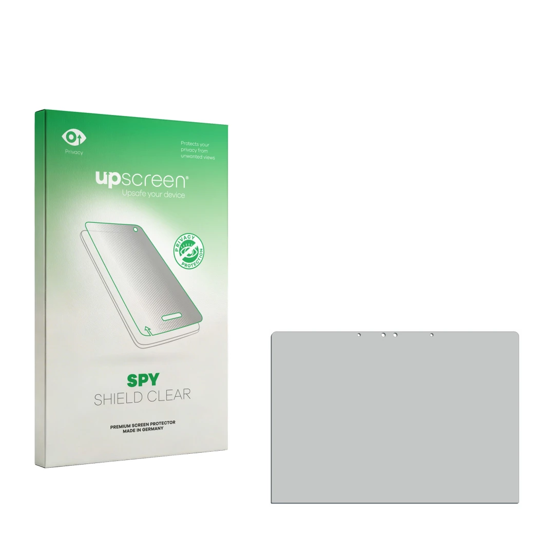 Parte frontal de un envase de producto con el logotipo de la marca upscreen. Al lado está el protector de pantalla correspondi
