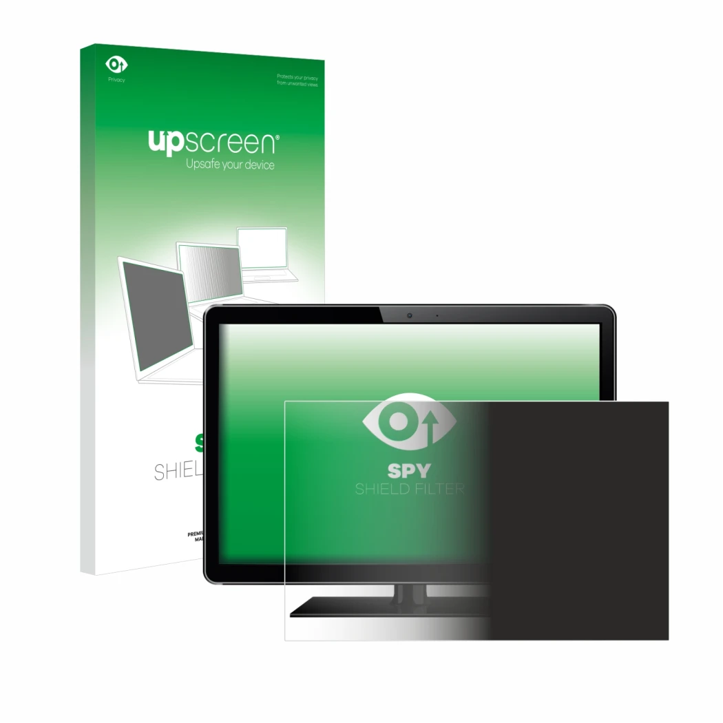 Parte frontal de un envase de producto con el logotipo de la marca upscreen. Al lado se muestra el dispositivo con su protecto