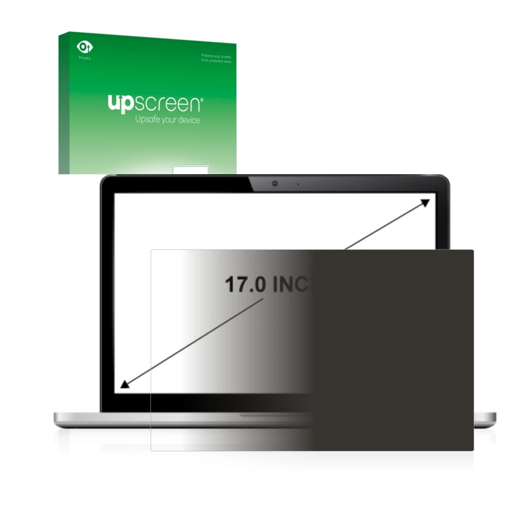 Parte frontal de un envase de producto con el logotipo de la marca upscreen. Al lado se muestra el dispositivo con su protecto
