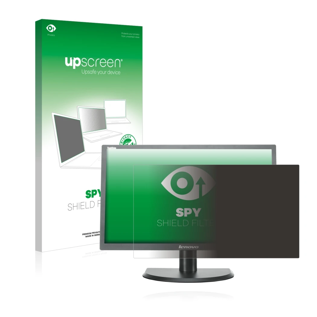 Parte frontal de un envase de producto con el logotipo de la marca upscreen. Al lado se muestra el dispositivo Lenovo LT2323p 