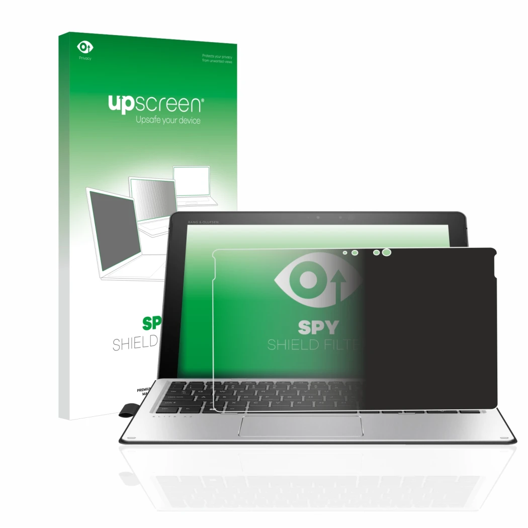 Parte frontal de un envase de producto con el logotipo de la marca upscreen. Al lado se muestra el dispositivo HP Elite x2 101