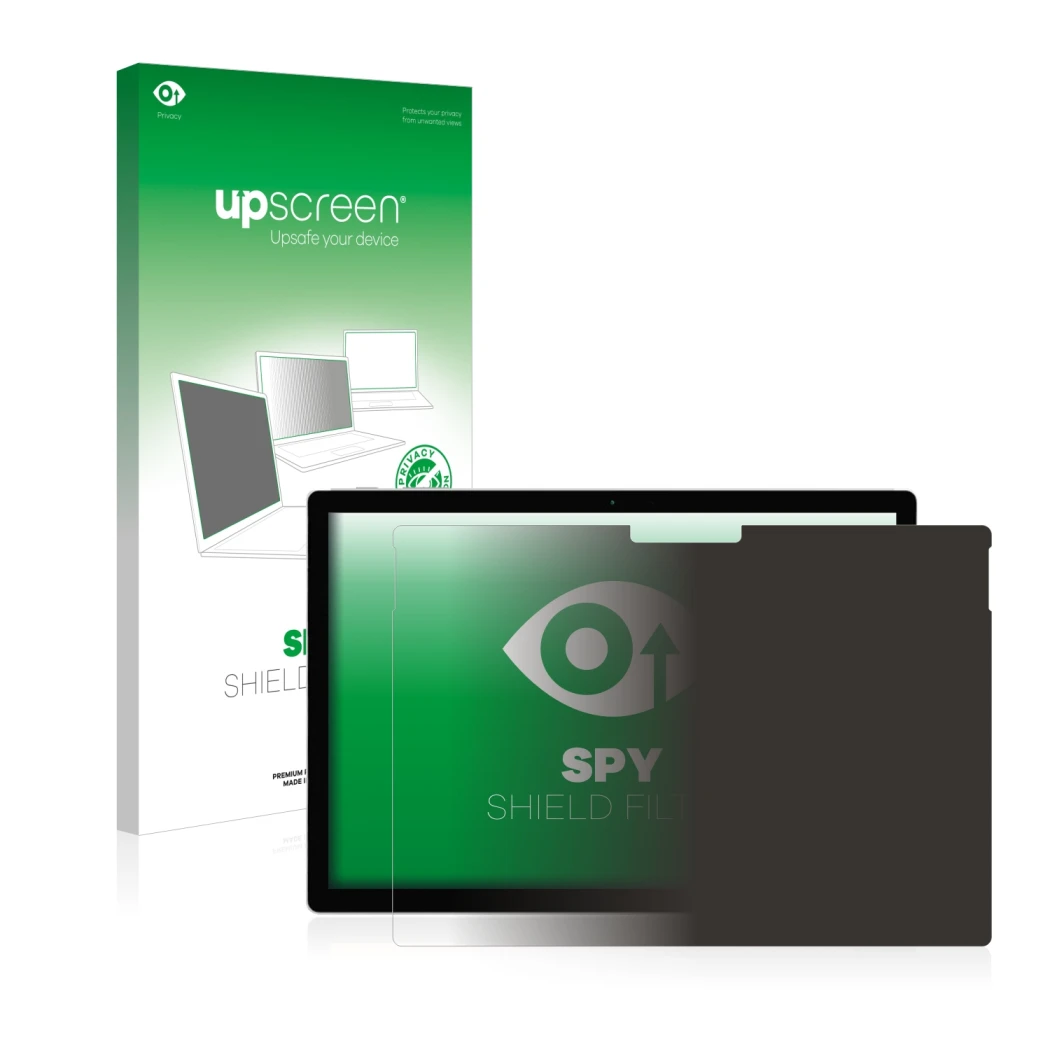 Parte frontal de un envase de producto con el logotipo de la marca upscreen. Al lado se muestra el dispositivo Microsoft Surfa