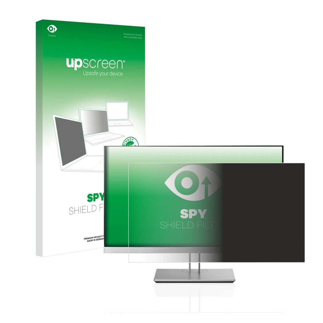 Parte frontal de un envase de producto con el logotipo de la marca upscreen. Al lado se muestra el dispositivo HP EliteDisplay