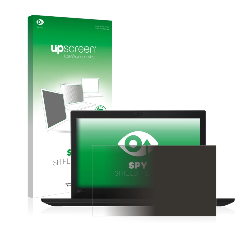 Parte frontal de un envase de producto con el logotipo de la marca upscreen. Al lado se muestra el dispositivo Lenovo Thinkpad