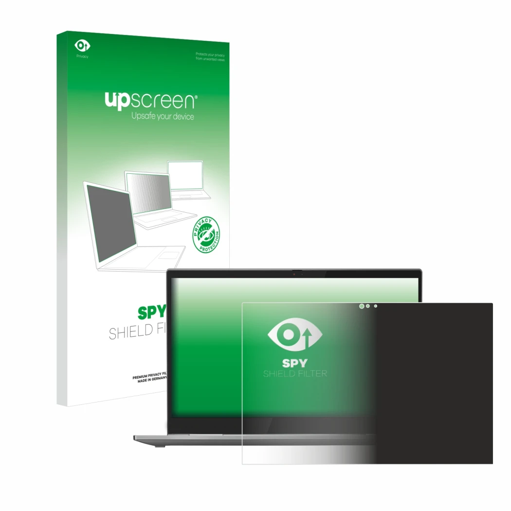 Parte frontal de un envase de producto con el logotipo de la marca upscreen. Al lado se muestra el dispositivo Lenovo ThinkPad