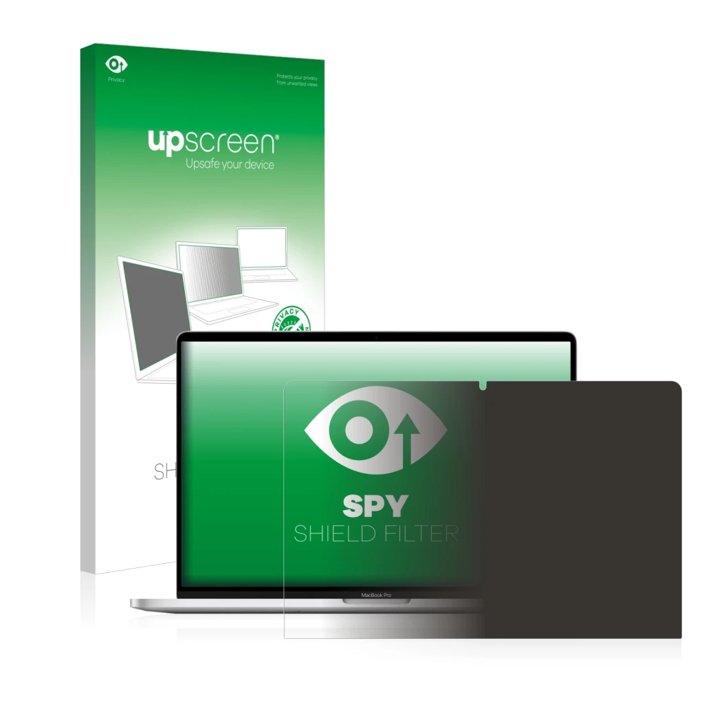 Parte frontal de un envase de producto con el logotipo de la marca upscreen. Al lado se muestra el dispositivo Apple MacBook P