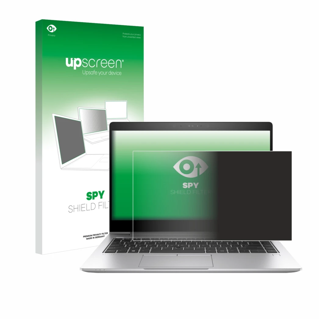Parte frontal de un envase de producto con el logotipo de la marca upscreen. Al lado se muestra el dispositivo HP EliteBook 84