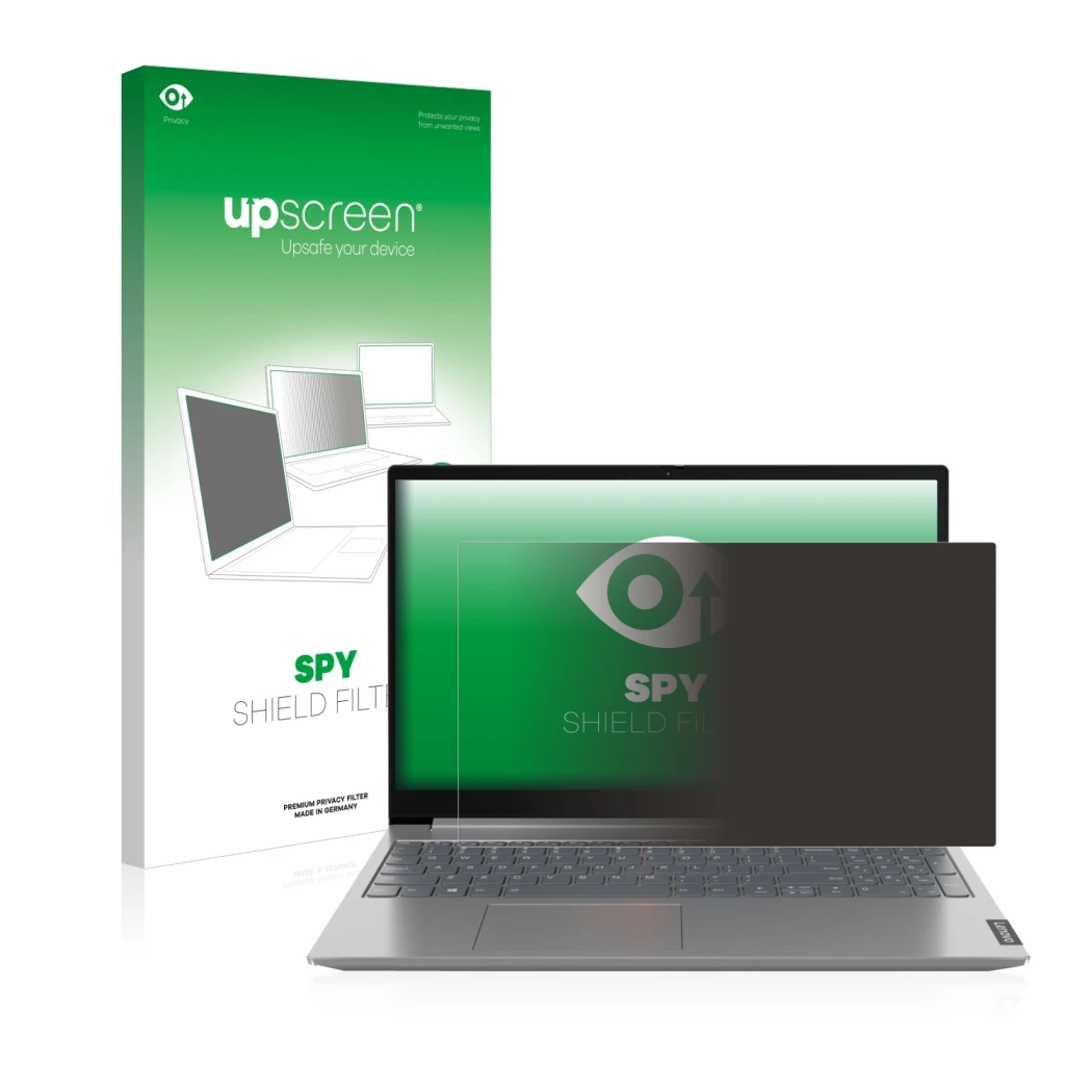 Parte frontal de un envase de producto con el logotipo de la marca upscreen. Al lado se muestra el dispositivo Lenovo ThinkBoo