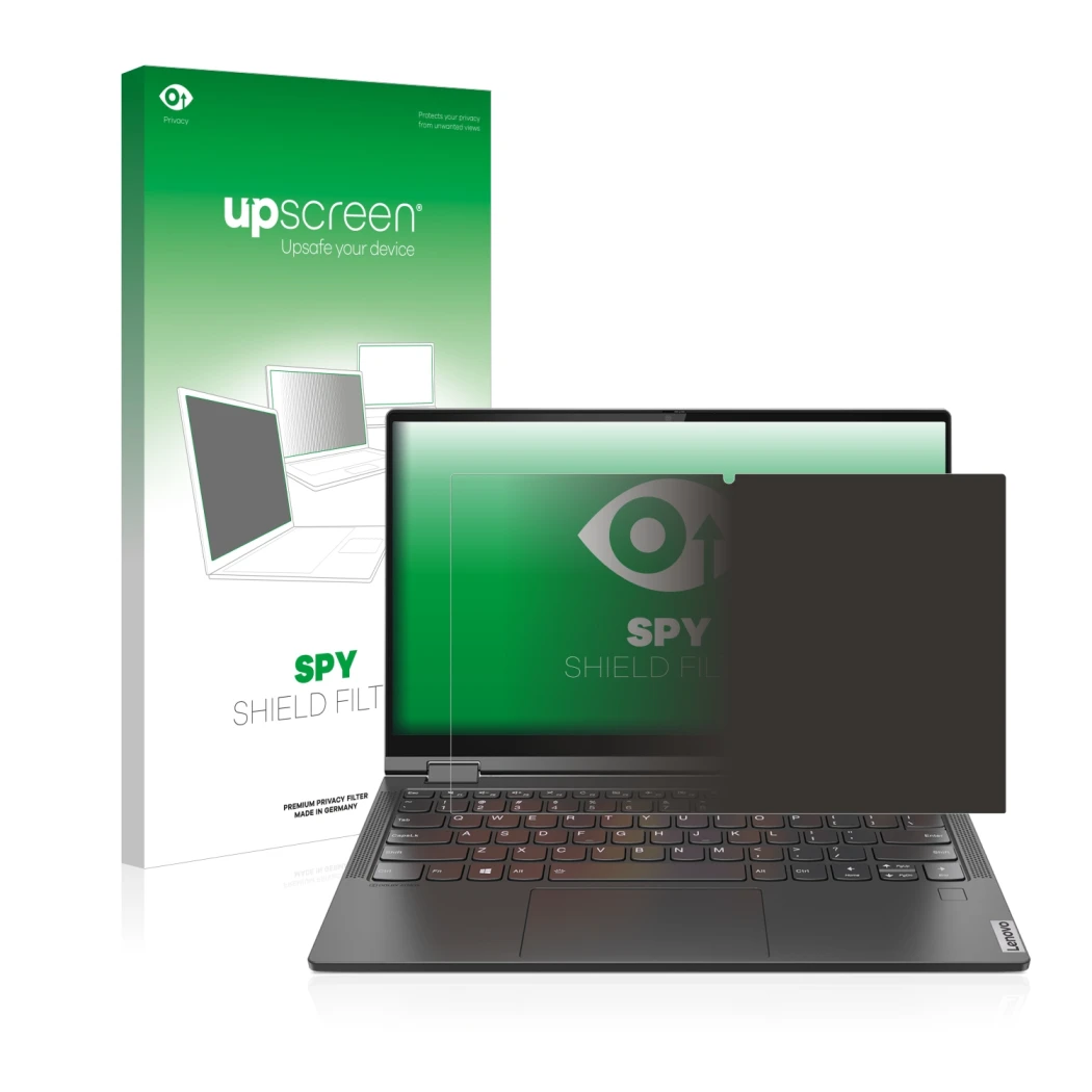 Parte frontal de un envase de producto con el logotipo de la marca upscreen. Al lado se muestra el dispositivo Lenovo Yoga C64
