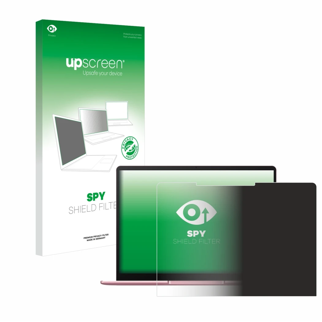 Parte frontal de un envase de producto con el logotipo de la marca upscreen. Al lado se muestra el dispositivo Huawei MateBook