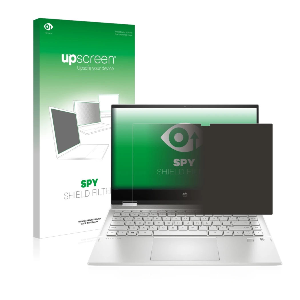 Parte frontal de un envase de producto con el logotipo de la marca upscreen. Al lado se muestra el dispositivo HP Pavilion x36