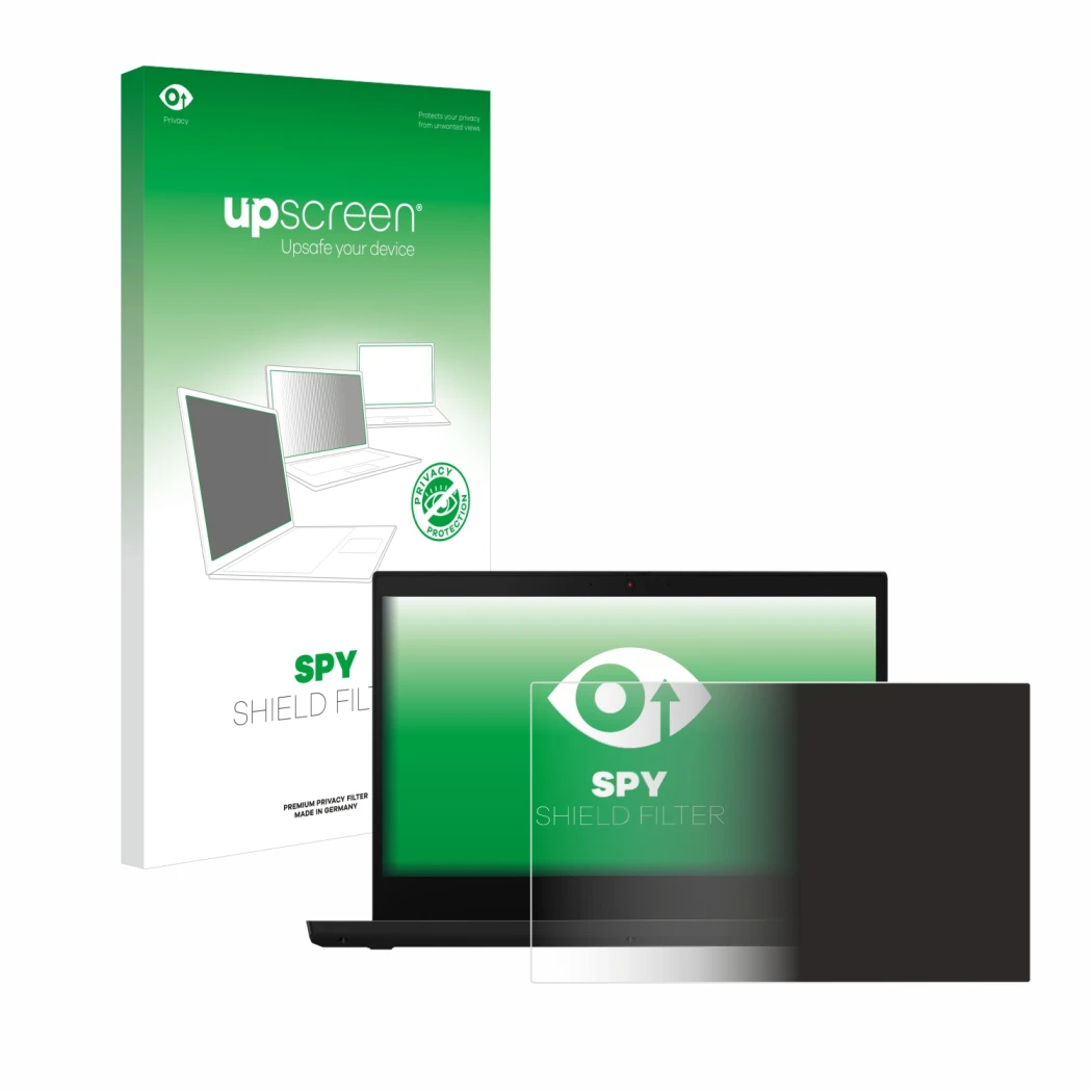 Parte frontal de un envase de producto con el logotipo de la marca upscreen. Al lado se muestra el dispositivo Lenovo ThinkPad