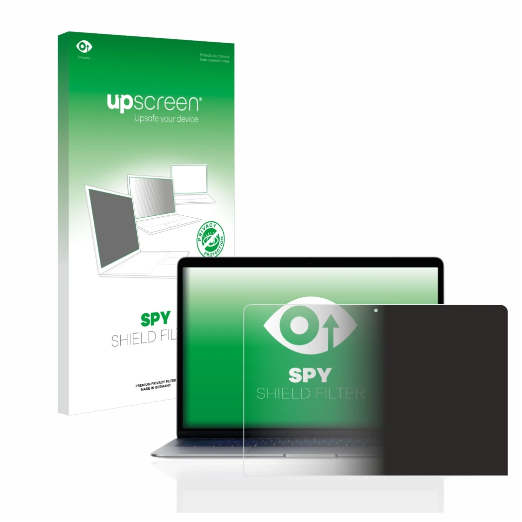 Parte frontal de un envase de producto con el logotipo de la marca upscreen. Al lado se muestra el dispositivo Apple MacBook A