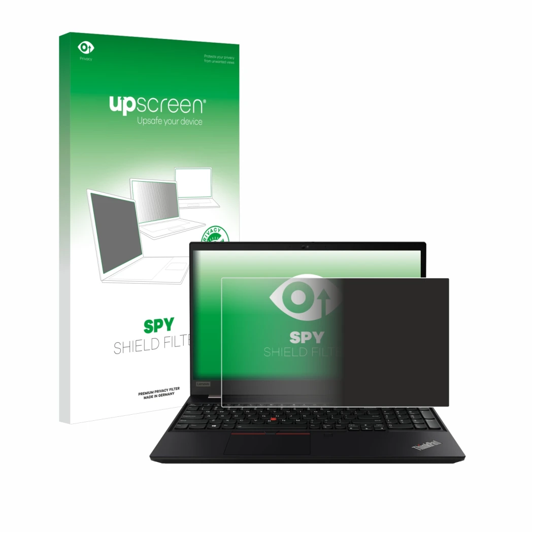 Parte frontal de un envase de producto con el logotipo de la marca upscreen. Al lado se muestra el dispositivo Lenovo ThinkPad