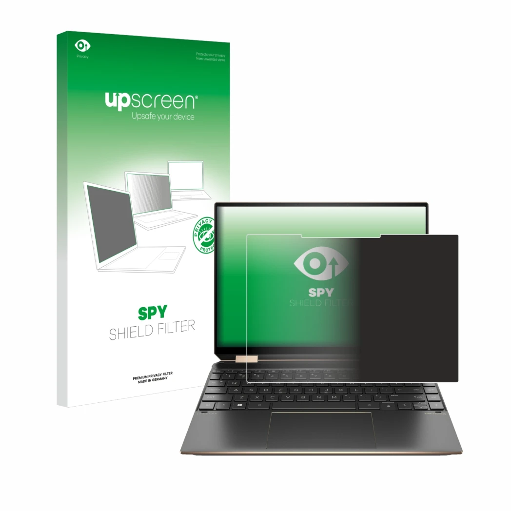 Parte frontal de un envase de producto con el logotipo de la marca upscreen. Al lado se muestra el dispositivo HP Spectre x360