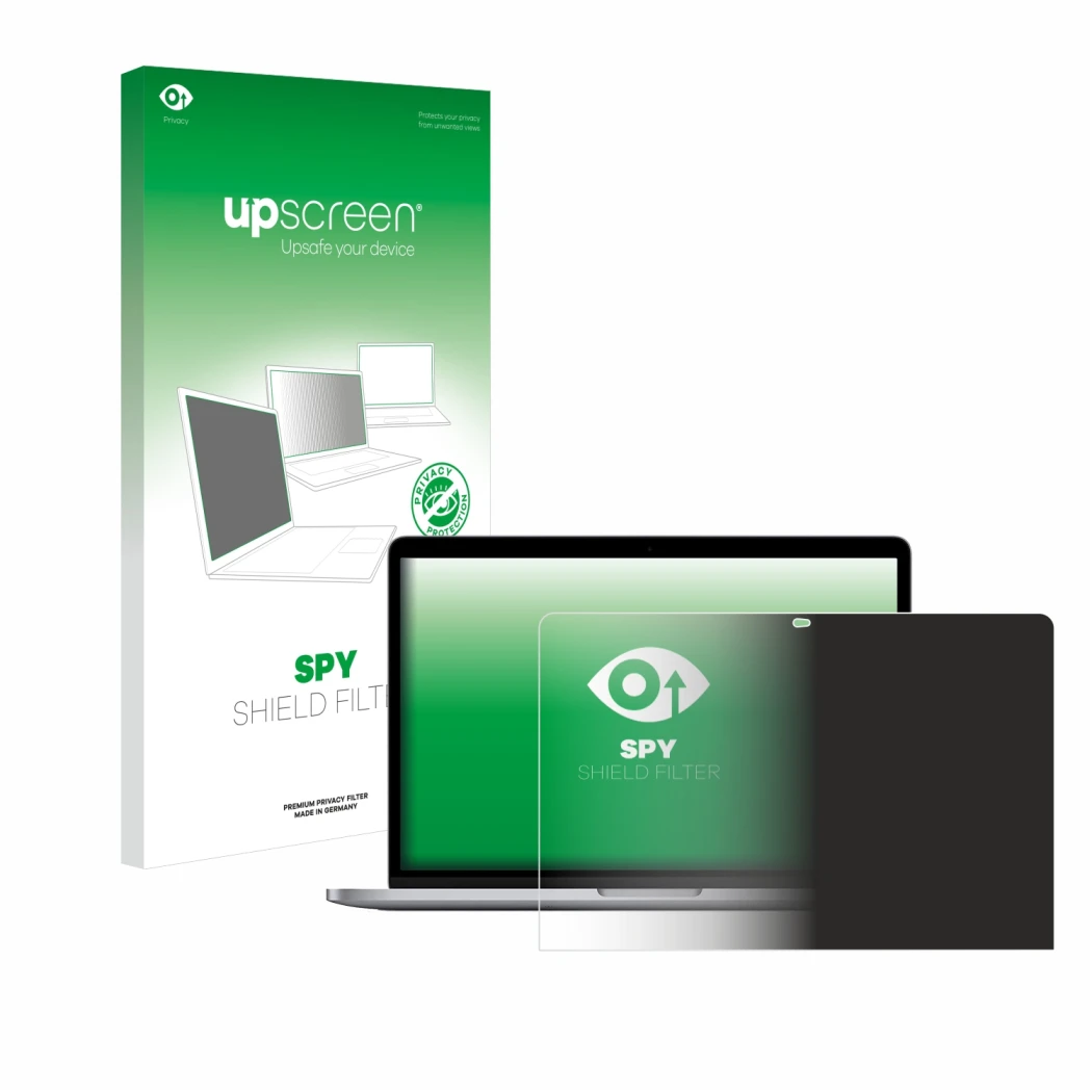 Parte frontal de un envase de producto con el logotipo de la marca upscreen. Al lado se muestra el dispositivo Apple MacBook P