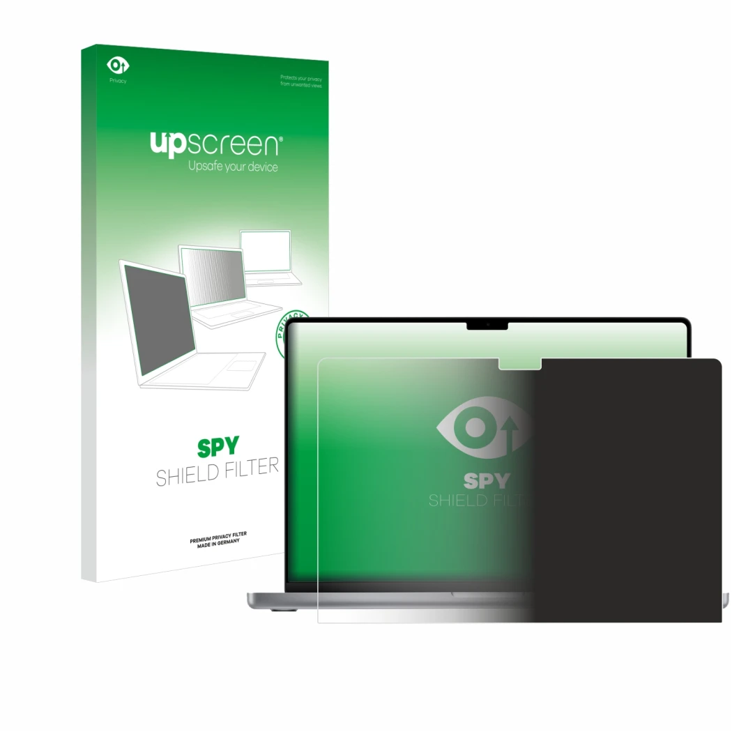 Parte frontal de un envase de producto con el logotipo de la marca upscreen. Al lado se muestra el dispositivo Apple MacBook P