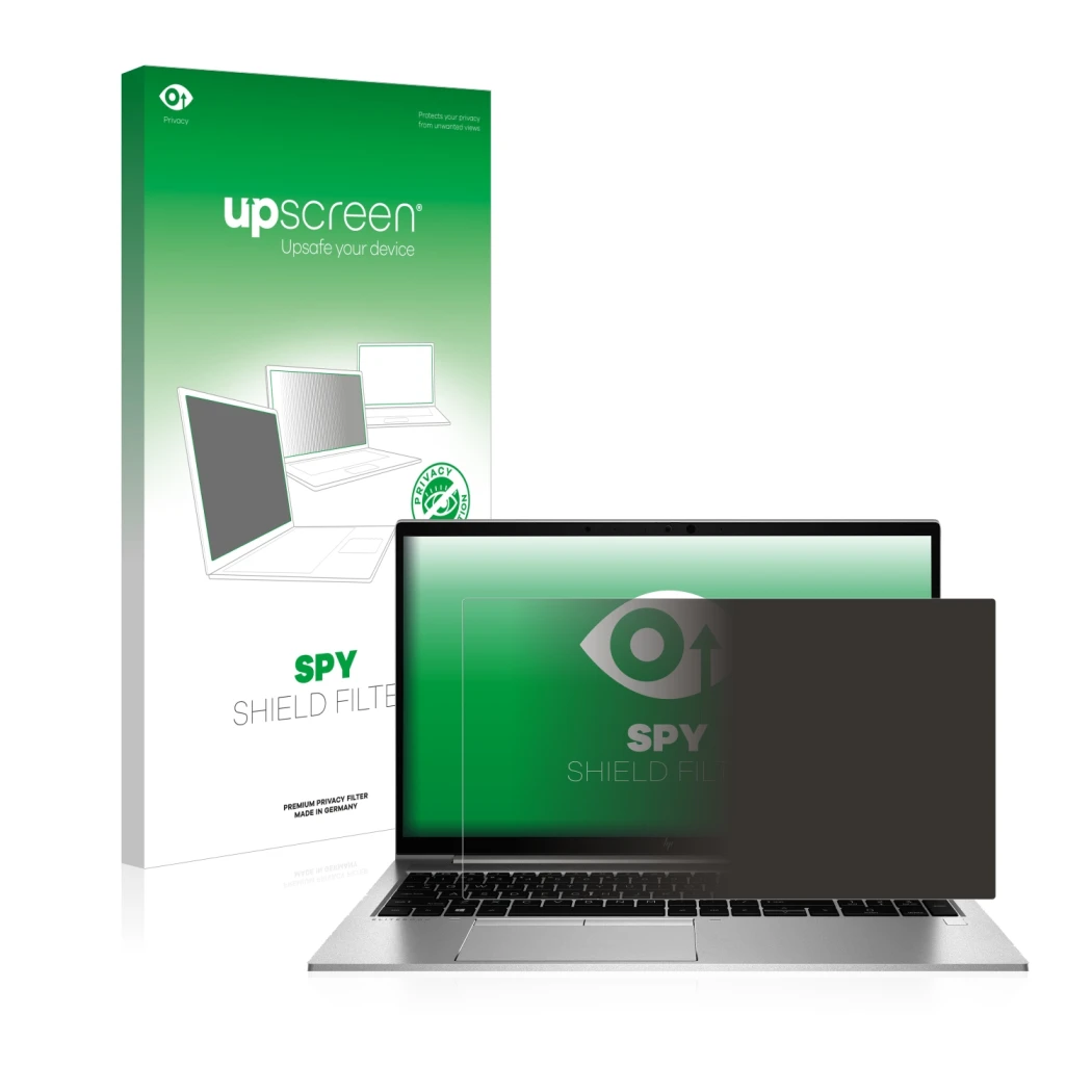Parte frontal de un envase de producto con el logotipo de la marca upscreen. Al lado se muestra el dispositivo HP EliteBook 85