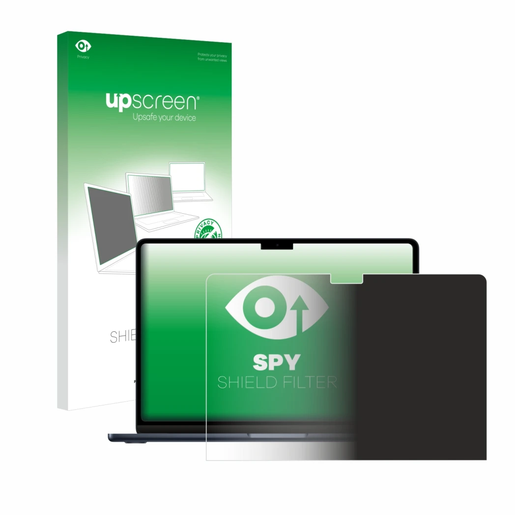 Parte frontal de un envase de producto con el logotipo de la marca upscreen. Al lado se muestra el dispositivo Apple MacBook A