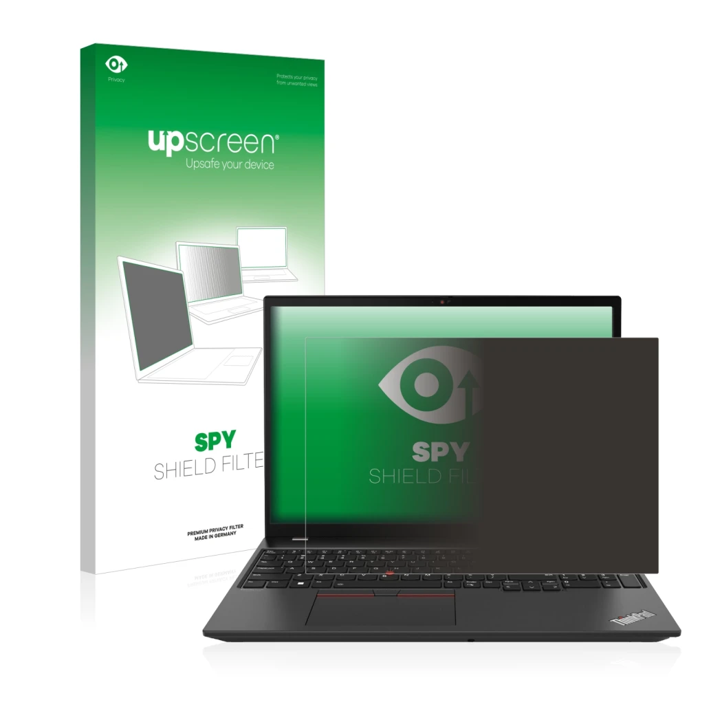 Parte frontal de un envase de producto con el logotipo de la marca upscreen. Al lado se muestra el dispositivo Lenovo ThinkPad