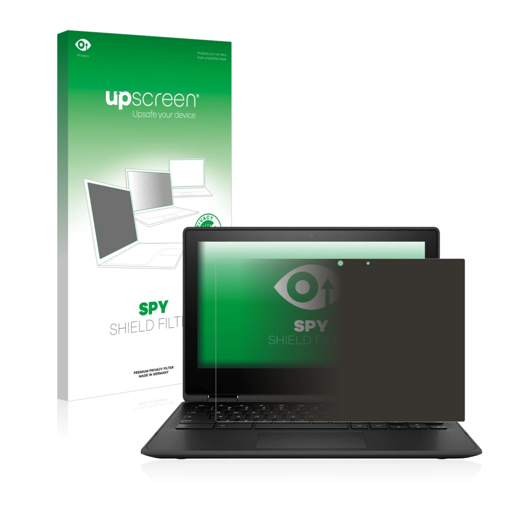 Parte frontal de un envase de producto con el logotipo de la marca upscreen. Al lado se muestra el dispositivo HP Chromebook x