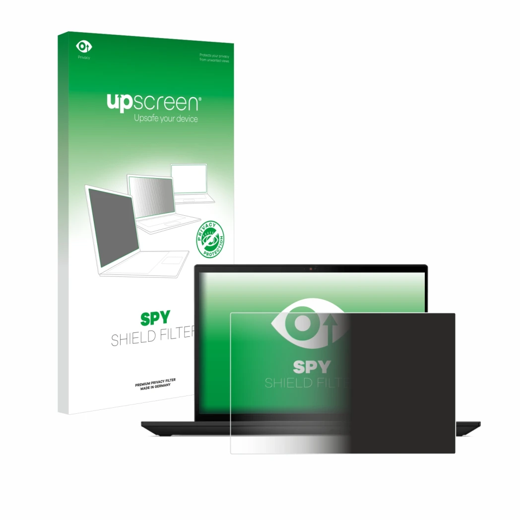 Parte frontal de un envase de producto con el logotipo de la marca upscreen. Al lado se muestra el dispositivo Lenovo ThinkPad