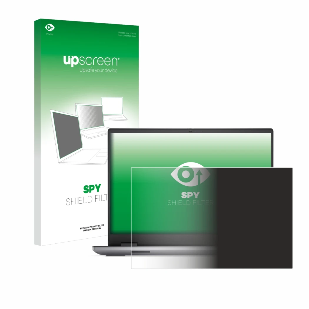 Parte frontal de un envase de producto con el logotipo de la marca upscreen. Al lado se muestra el dispositivo Dell Precision 
