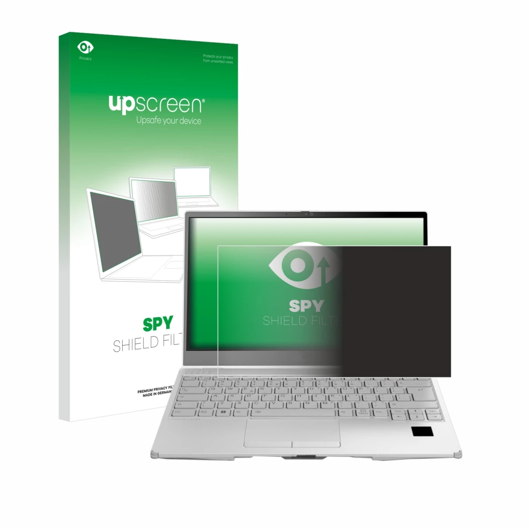 Parte frontal de un envase de producto con el logotipo de la marca upscreen. Al lado se muestra el dispositivo Fujitsu Lifeboo