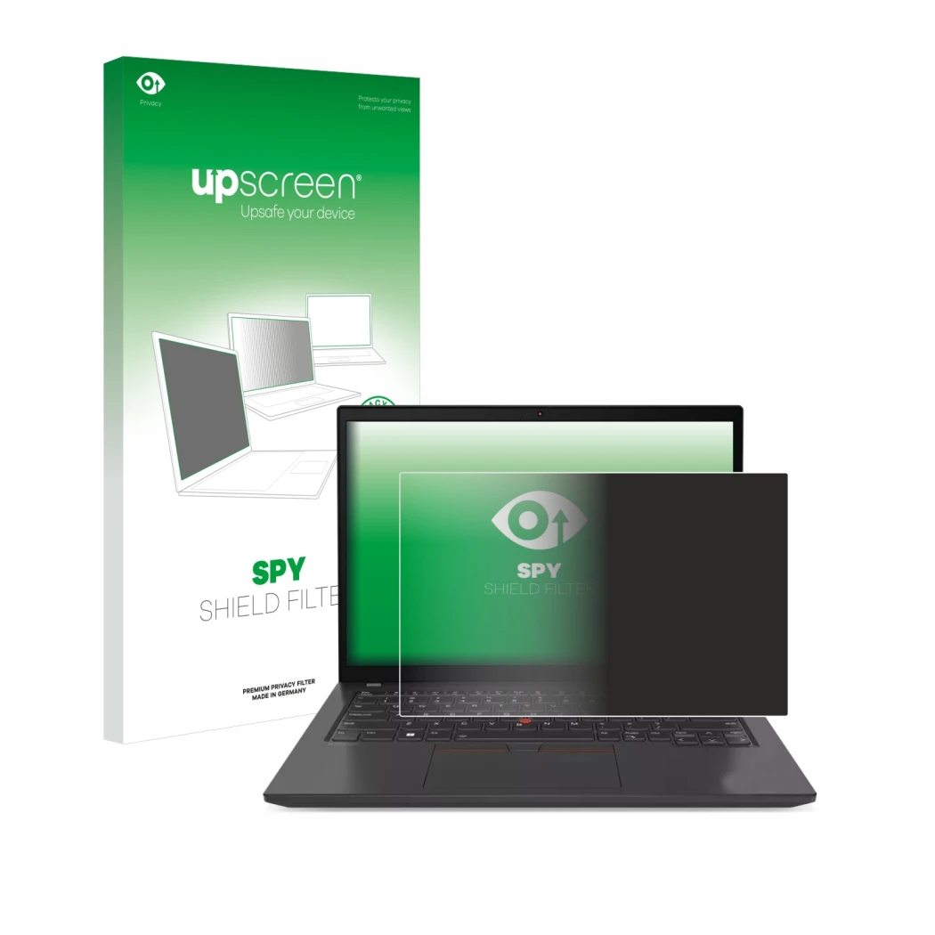 Parte frontal de un envase de producto con el logotipo de la marca upscreen. Al lado se muestra el dispositivo Lenovo ThinkPad
