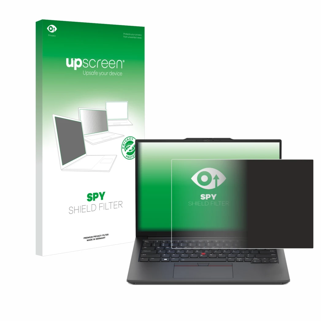 Parte frontal de un envase de producto con el logotipo de la marca upscreen. Al lado se muestra el dispositivo Lenovo ThinkPad
