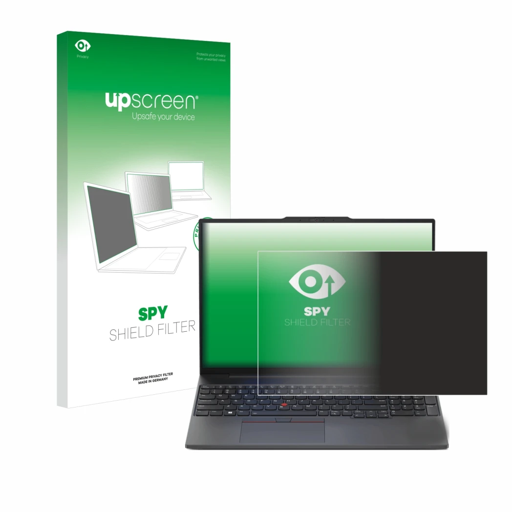 Parte frontal de un envase de producto con el logotipo de la marca upscreen. Al lado se muestra el dispositivo Lenovo ThinkPad