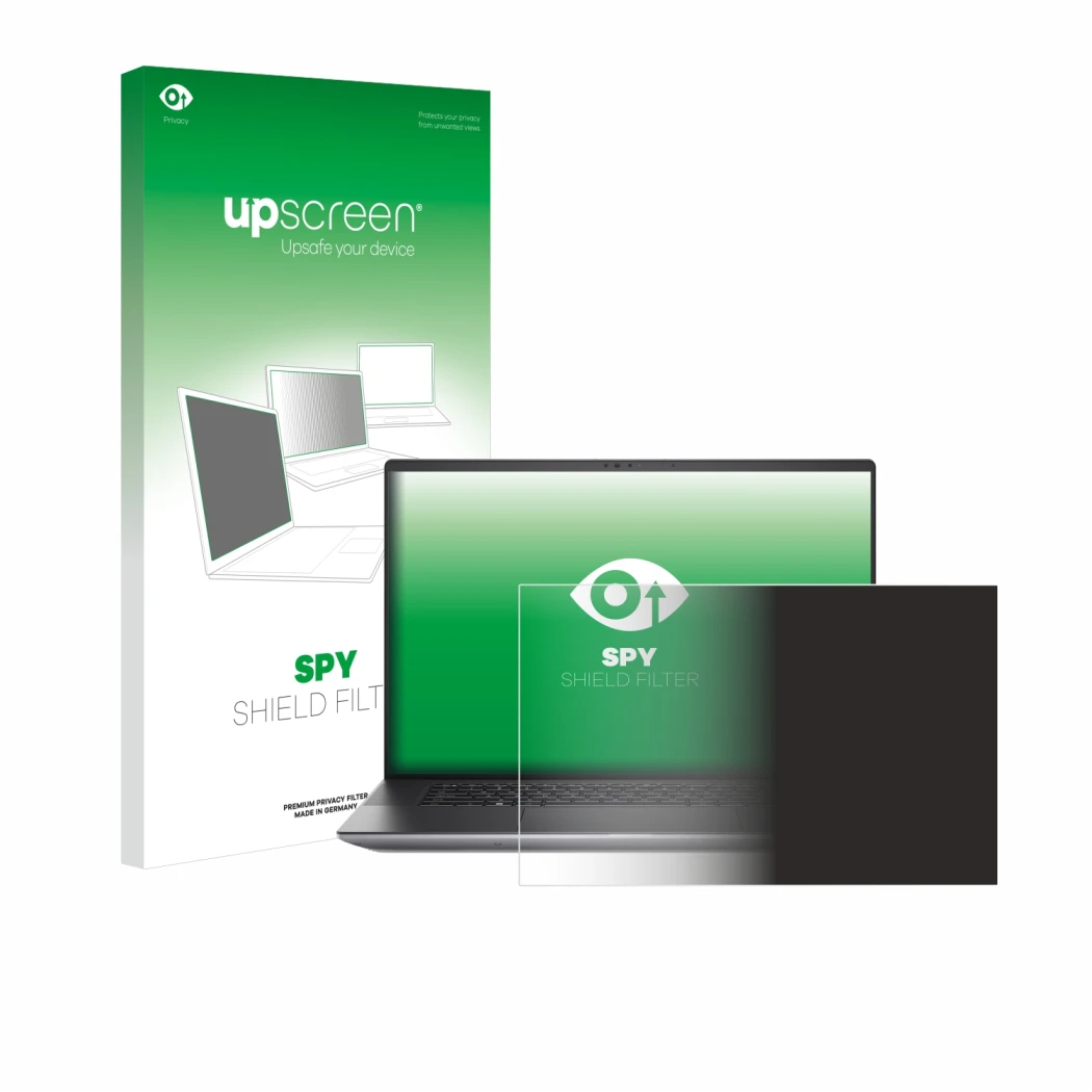 Parte frontal de un envase de producto con el logotipo de la marca upscreen. Al lado se muestra el dispositivo Dell Precision 