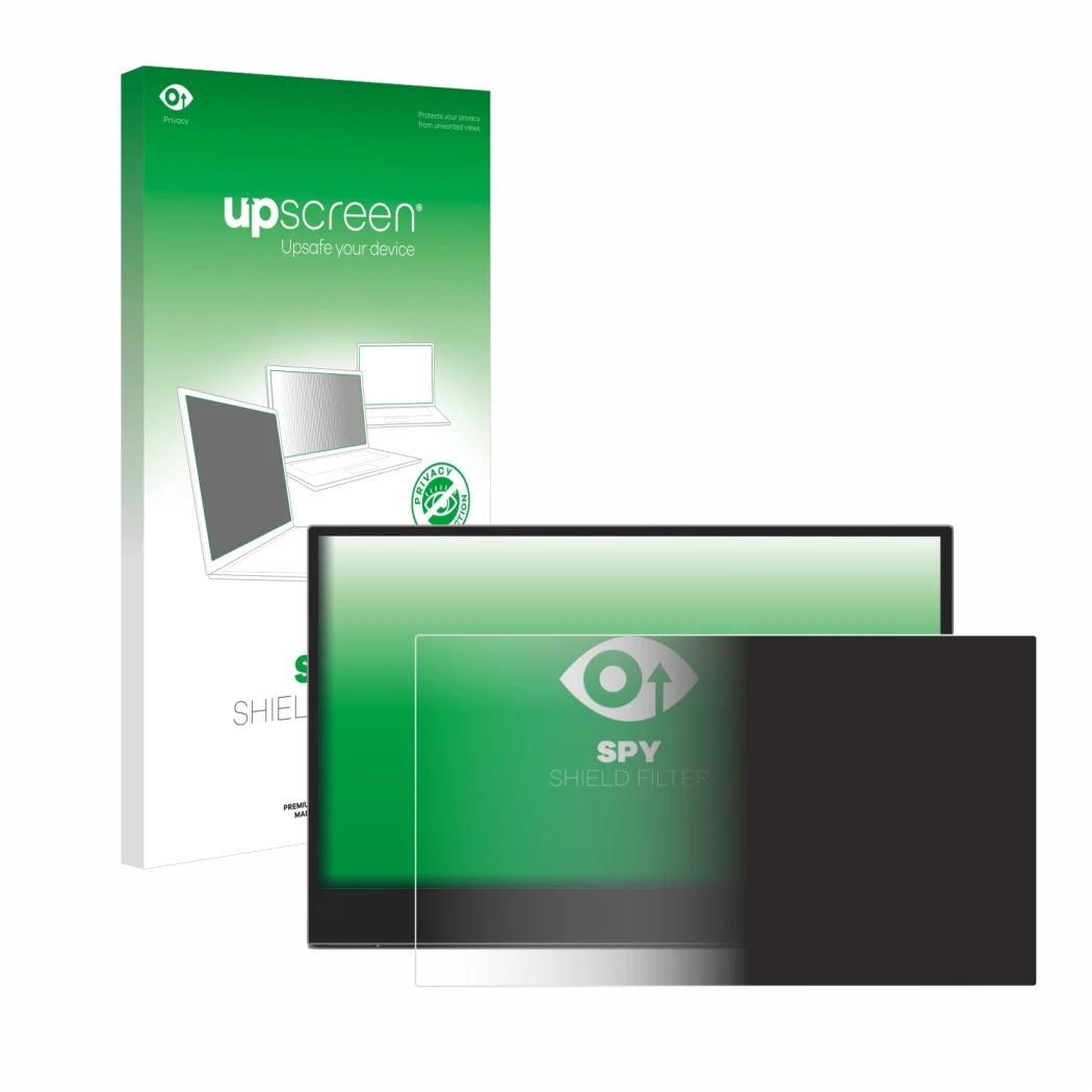 Parte frontal de un envase de producto con el logotipo de la marca upscreen. Al lado se muestra el dispositivo Lenovo L15 (15,