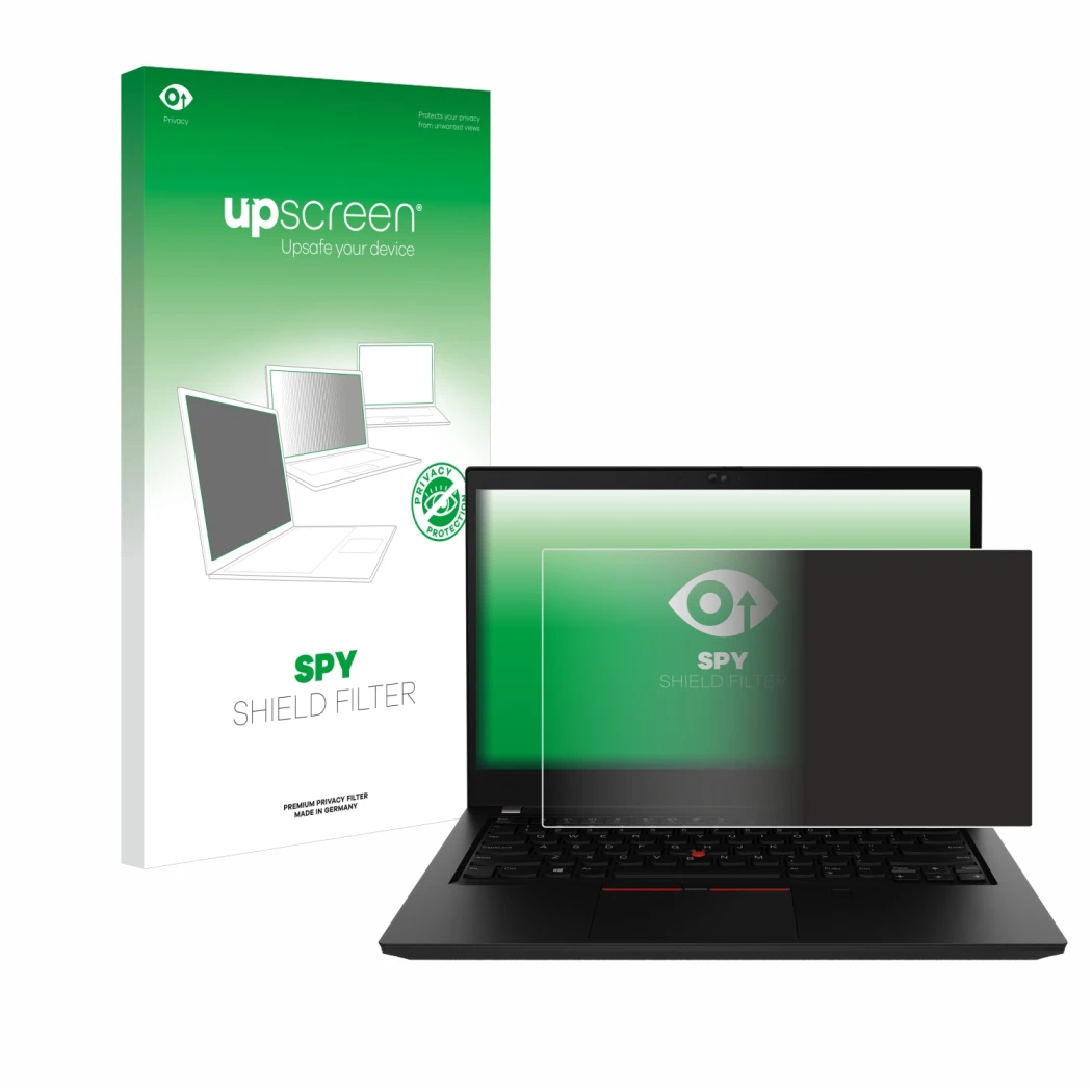 Parte frontal de un envase de producto con el logotipo de la marca upscreen. Al lado se muestra el dispositivo Lenovo ThinkPad