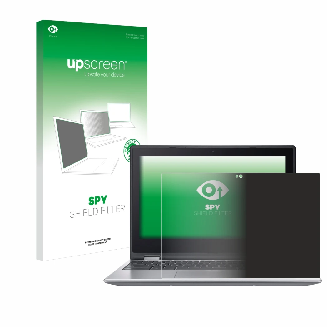 Parte frontal de un envase de producto con el logotipo de la marca upscreen. Al lado se muestra el dispositivo Acer Chromebook