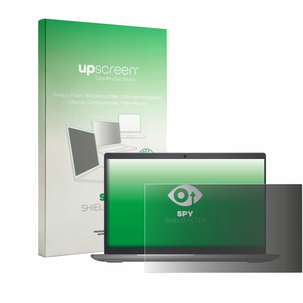 Parte frontal de un envase de producto con el logotipo de la marca upscreen. Al lado se muestra el dispositivo Dell Latitude 5