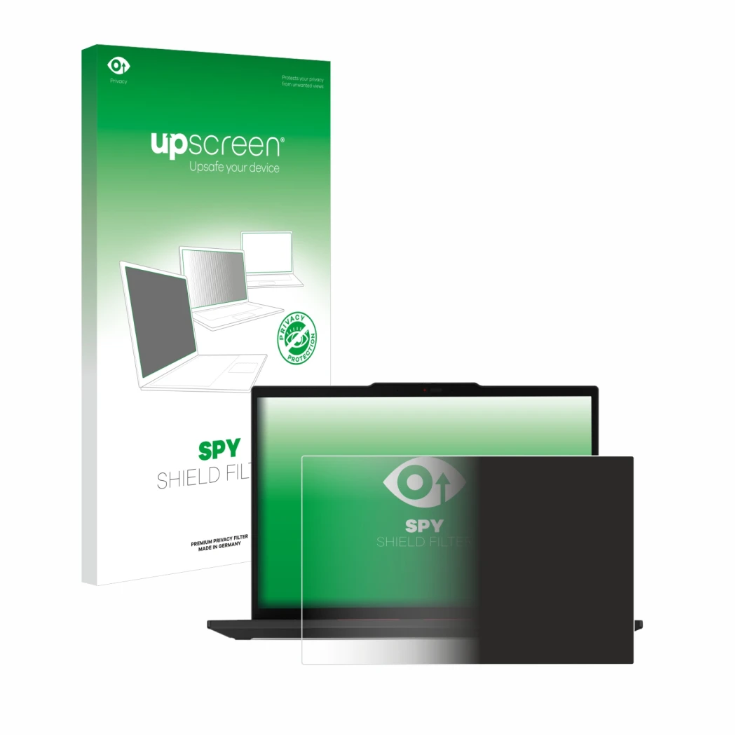 Parte frontal de un envase de producto con el logotipo de la marca upscreen. Al lado se muestra el dispositivo Lenovo ThinkPad