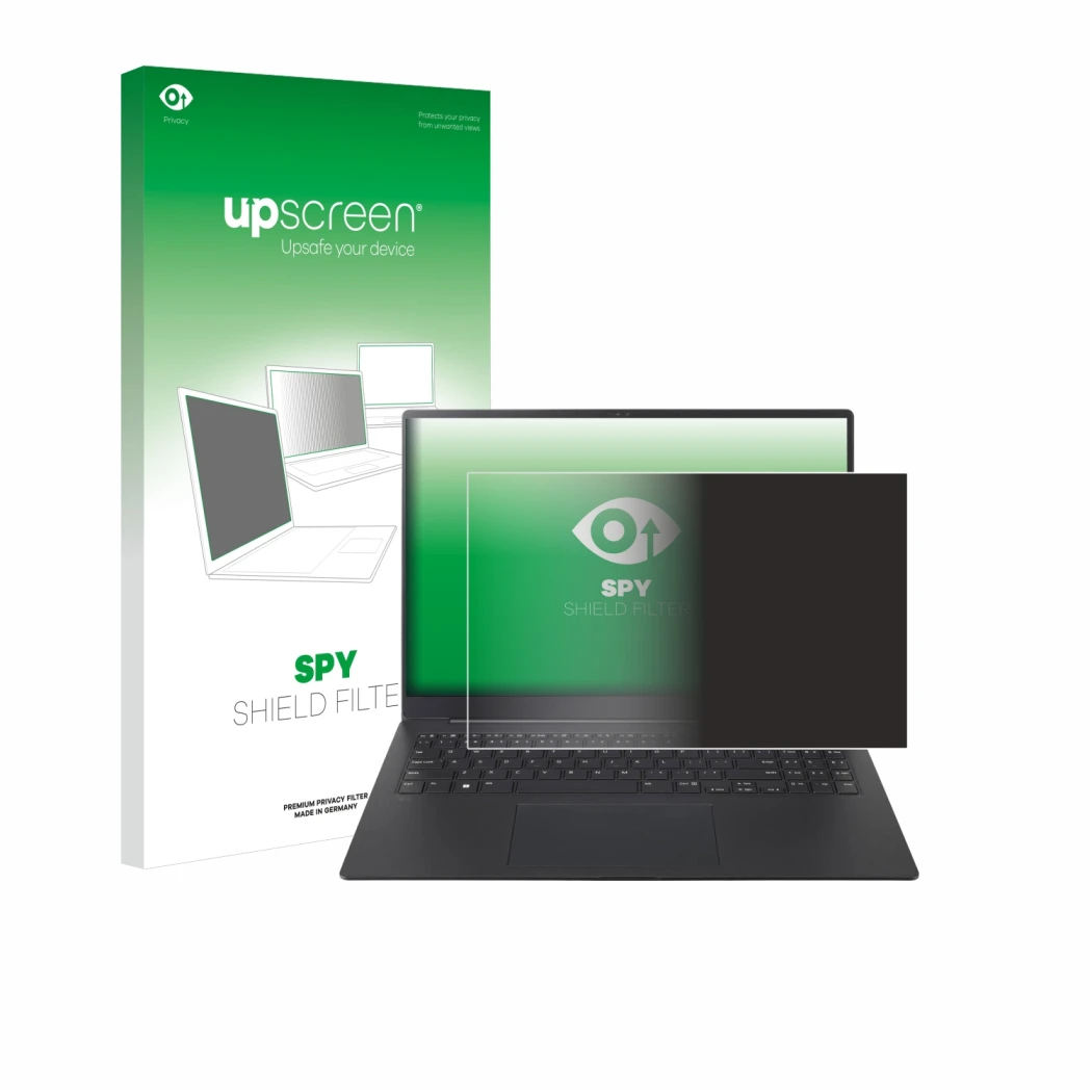 Parte frontal de un envase de producto con el logotipo de la marca upscreen. Al lado se muestra el dispositivo LG gram Pro 16